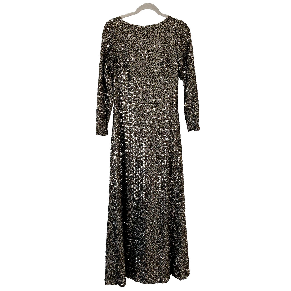 Vintage Jill Richards Dress Womens 12 Gold Black Sequins Formal Gown Long Sleeve